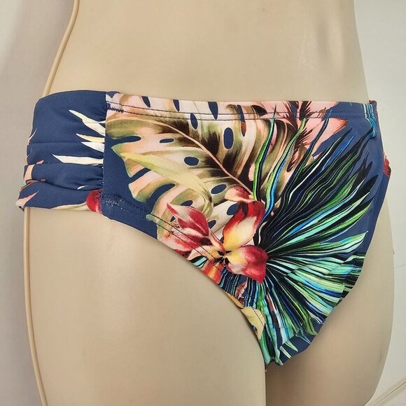 La Blanca Blue Palm Leaf Bikini Bottom Size M Ruched Detail 28 Waist NWT - Picture 4 of 11